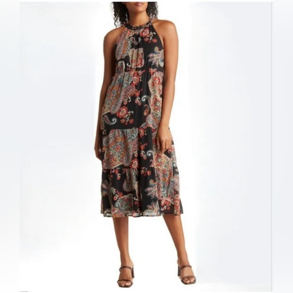 COLLECTIVE CONCEPTS Nordstrom Rack halter neck midi dress, paisley black XS - Picture 1 of 12